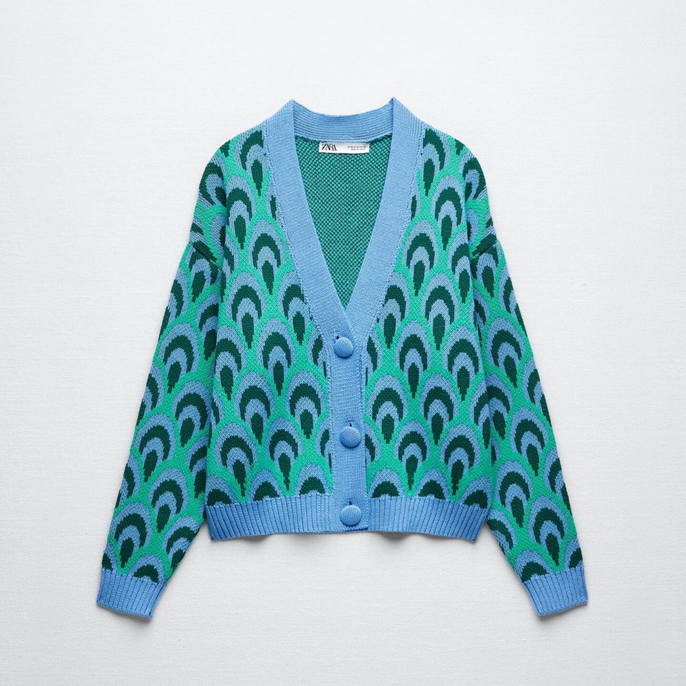 Zara Blue and Green Patterned Cardigan - Picture 3 of 9